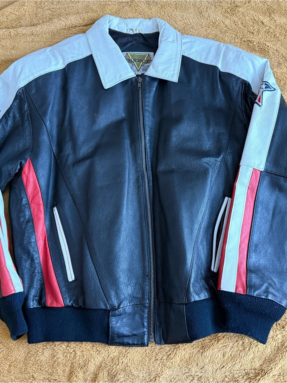Michael Hoban Large USA Flag Leather Bomber Jacket Men's Full Zip